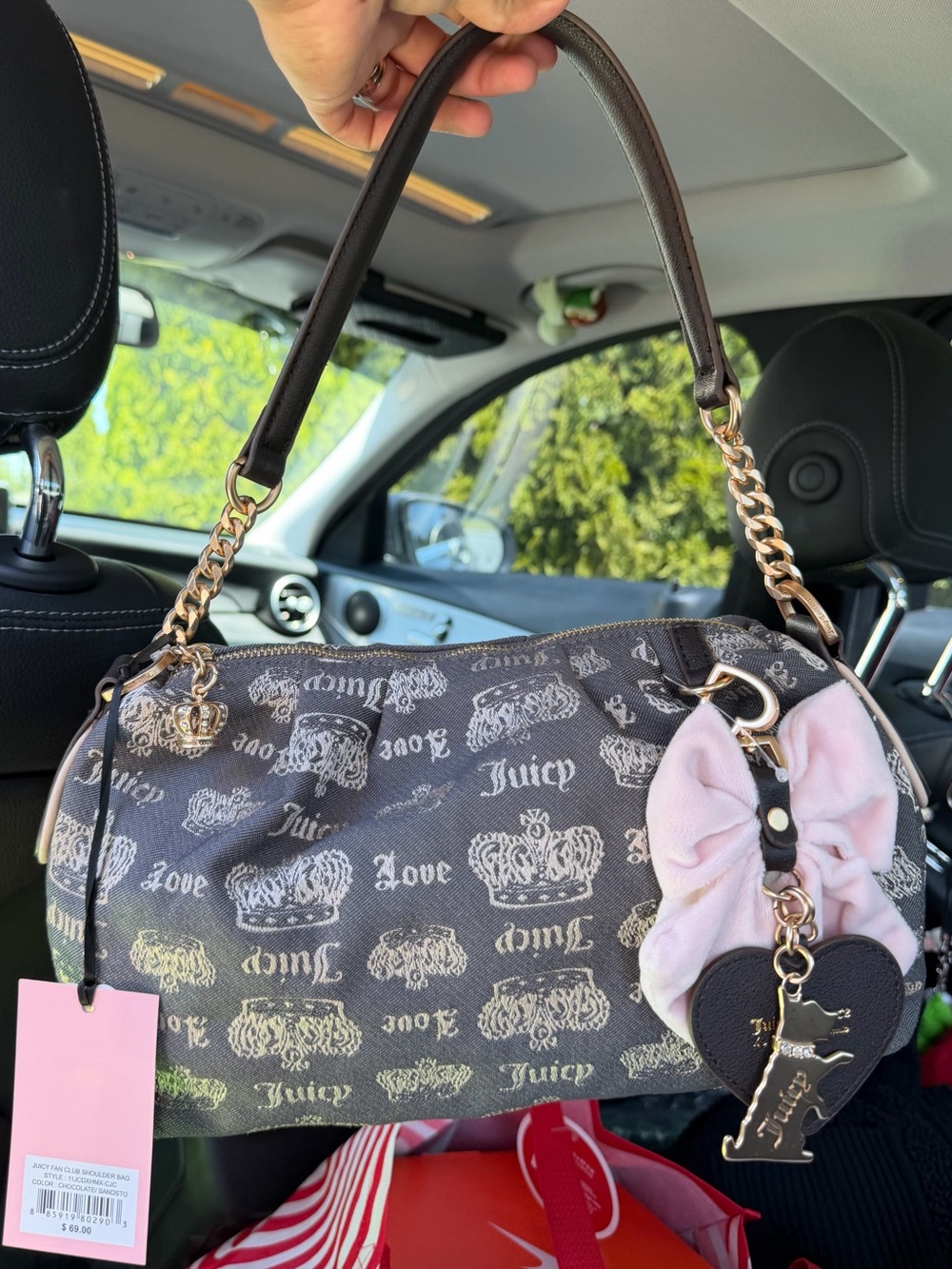 Juicy Couture Brown Logo Shoulder Bag with Pink Bow Charm